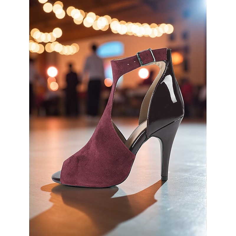 Women's Burgundy Suede and Patent Leather Peep Toe Dance Shoes with Ankle Strap - Professional Latin & Ballroom High Heel Footwear4