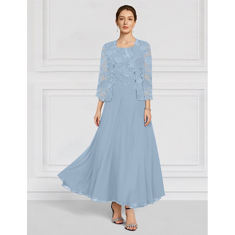 SkyBurnt Out Floral Lace Two Piece A-Line Mother of the Bride Dress Elegant Simple Minimalist Boat Neck Floor Length Chiffon 3/4 Length Sleeve with Jacket