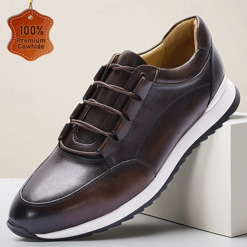 Men's Brown Dress Sneakers – Genuine Leather Hybrid Lace-Up Shoes with Sport Sole, Comfortable Formal Casual Footwear for Business and Daily Wear