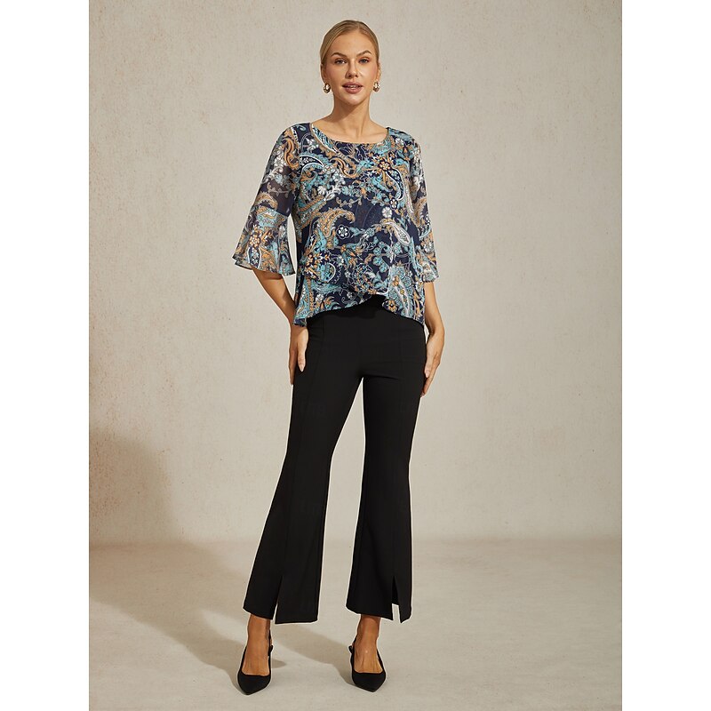 Women's Female Paisley Casual Blue Paisley 3/4 Sleeve Elegant Casual Daily Crew Neck Round Summer Spring Fall4