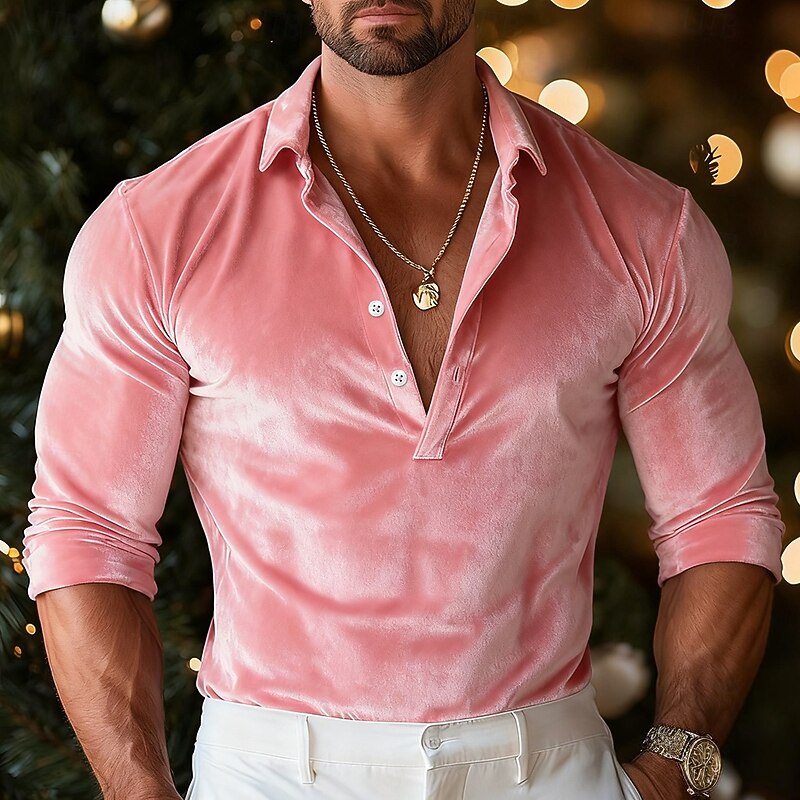 Men's Shirt Pink Wine Blue Green Long Sleeve Solid Color Plain Shirt Collar Carnival Christmas Buttons Clothing Apparel Christmas Elegant Warm Active