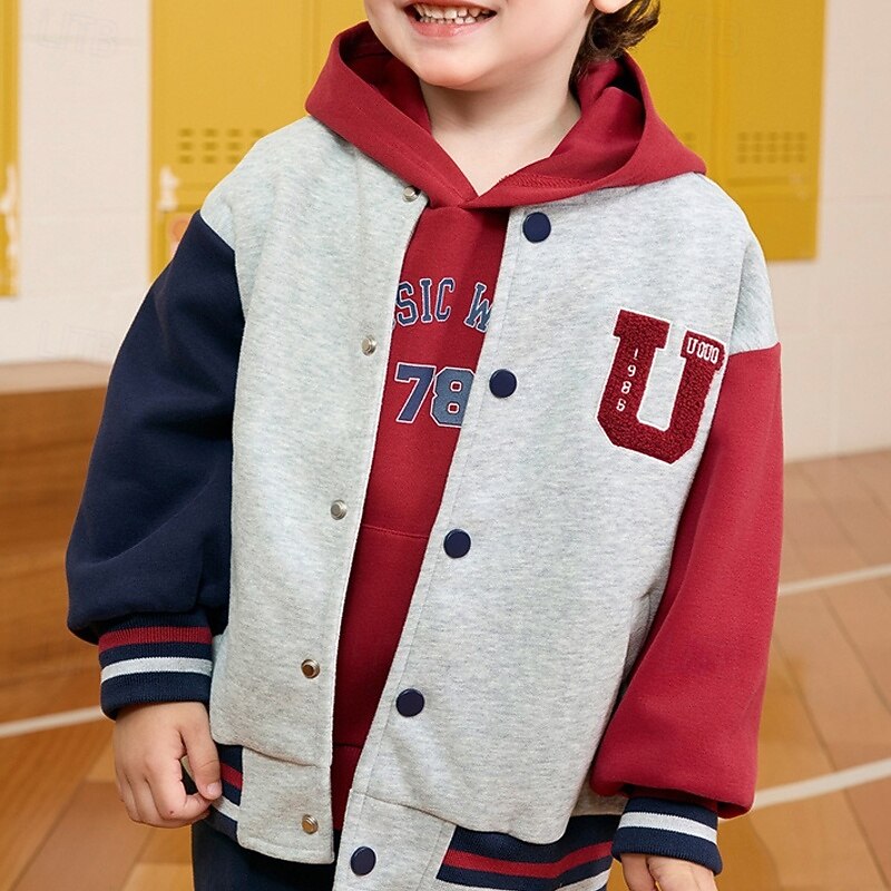 Kids Unisex Baseball Jackets Outerwear Color Block Long Sleeve Comfort Buttons Soft Coat Outdoor Fashion Daily Blue Gray Spring Fall 4 years+2