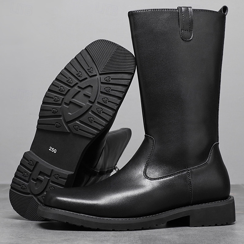 Men's Black Faux Leather Work Riding Boots – Durable Mid-Calf Cowboy Boots with Sturdy Sole for Outdoor, Farm and Everyday Wear