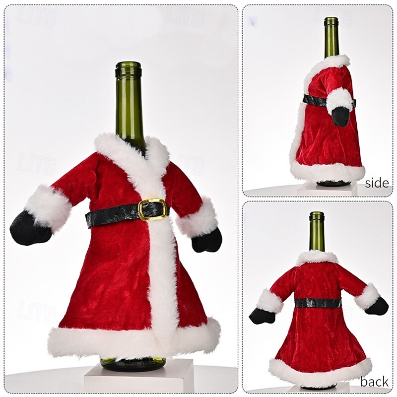 2pcs Christmas Wine Bottle Covers Creative Santa Dress Skirt Outfit Decoration, Festive Red Wine Bag for Holiday Party Table & Home Decor4