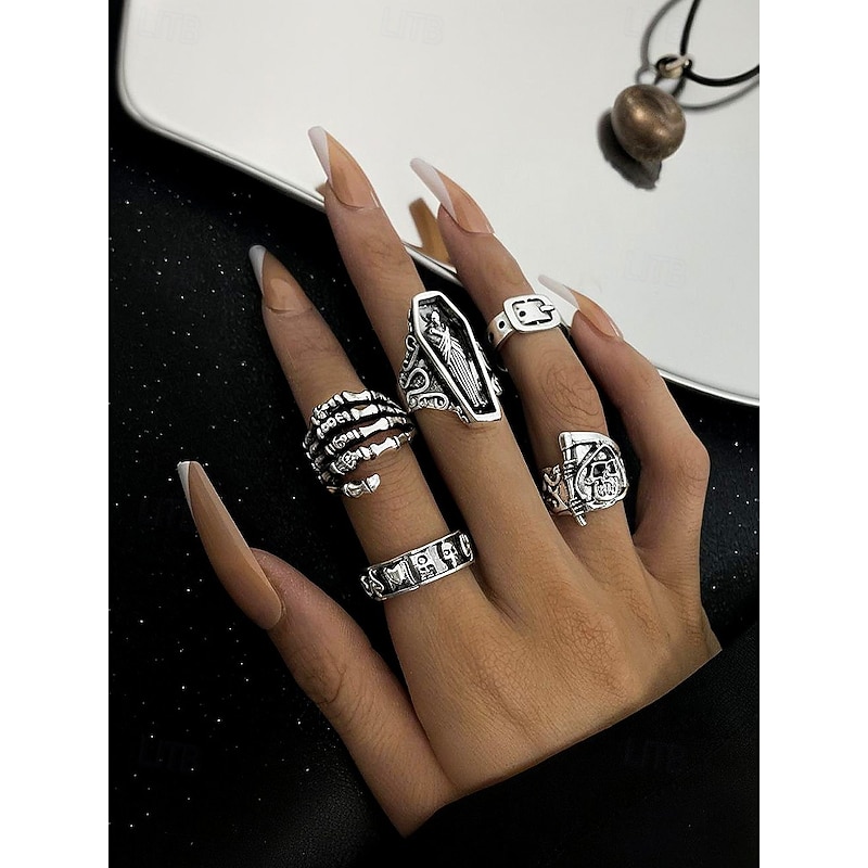 Women's Halloween Gothic Alloy Ring Set, Vintage Punk Style Skull Coffin Skeleton Adjustable Rings Jewelry for Costume Parties and Cosplay