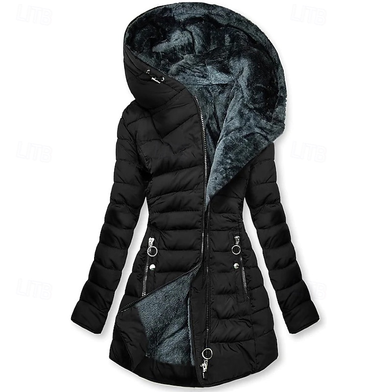 Women's Parka Warm Comfortable Zipper Pocket Casual Plain Vacation Going out Weekend Long Hooded Regular Fit Long Sleeve Outerwear Black Light Green Wine Fall Winter