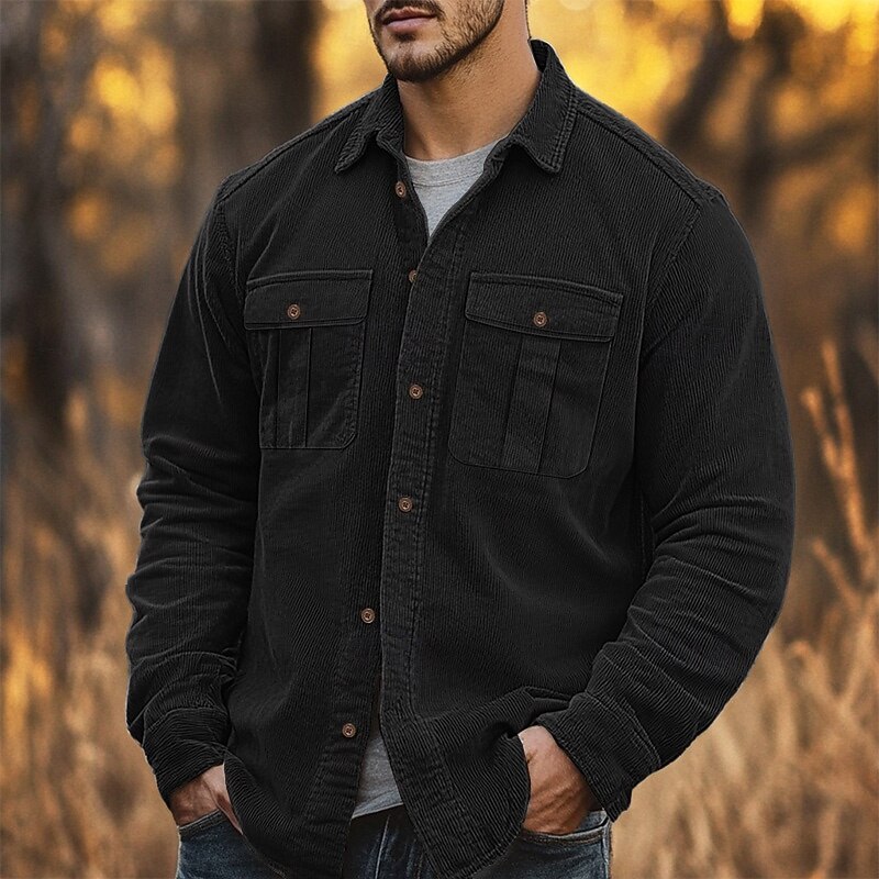Men's Casual Shirt Corduroy Shirt Button Up Shirt Black Red Navy Blue Blue Green Long Sleeve Solid Color Lapel Vacation Street Pocket Clothing Apparel Warm Fashion Streetwear Outdoor3