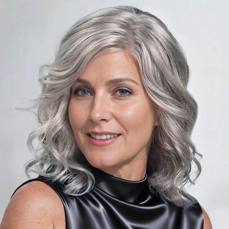 Women’s Silver Grey Shoulder Length Wavy Wig Natural Looking Realistic Synthetic Hair Heat Resistant Side Part Elegant Daily Wear Fashion Style