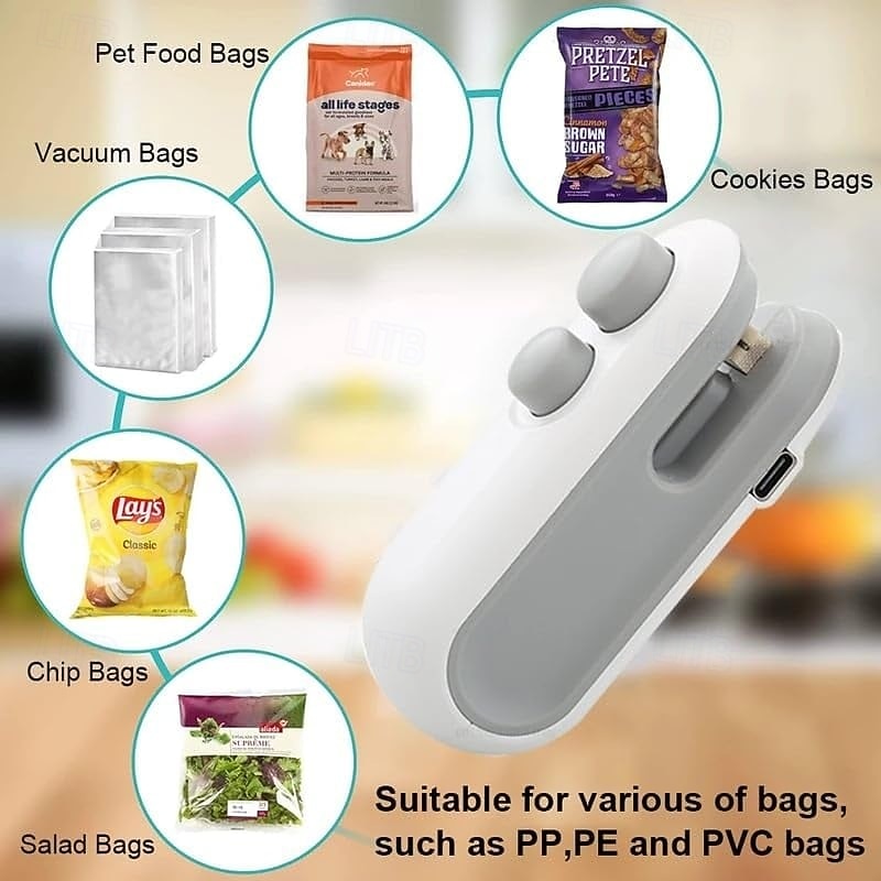 Mini Bag Sealer with Cutter and Magnet Portable Heat Sealing Machine for Snack, Chip, Cookie & Plastic Bags – Handheld Sealer with Magnetic Design, 16W Power, Includes Charging Cable3