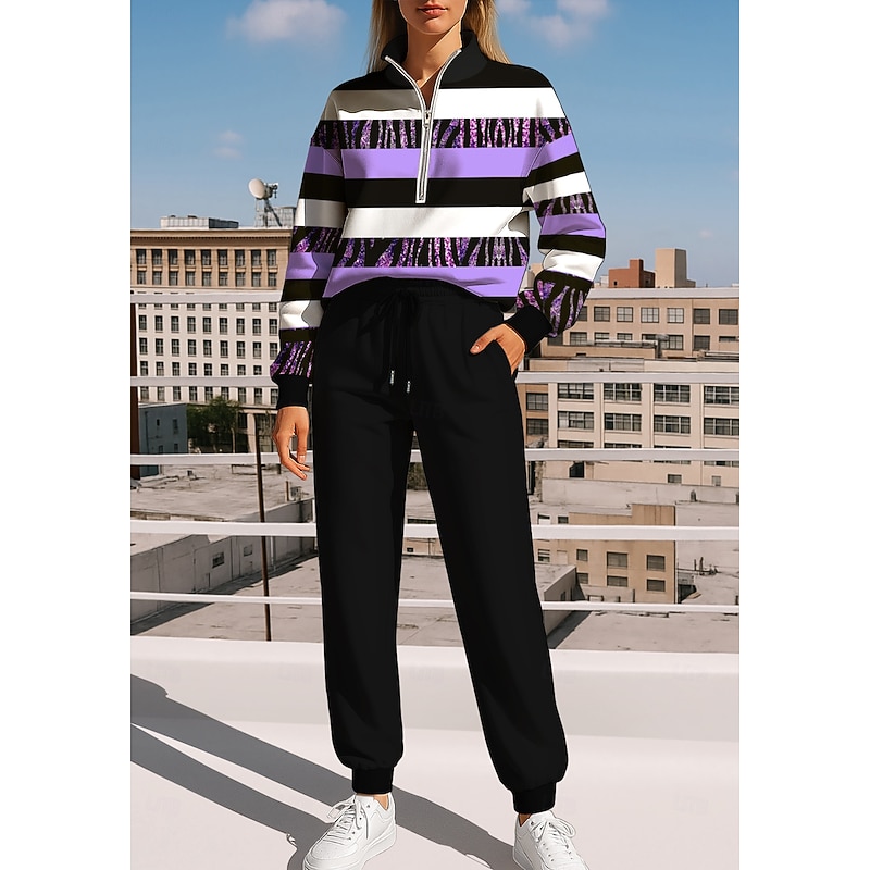 Women's Sweatshirt Tracksuit Sweatsuit Drawstring Zipper Geometric Jacket and Sweatpants Athletic Clothing Set Spring Purple Casual Workout Outdoor Soft Baggy Long Sleeve Sport Activewear - Main Image