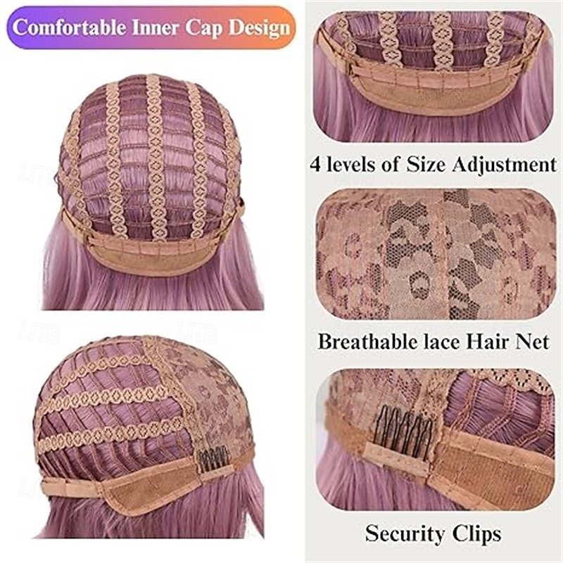 12 Inch Short Bob Pink Mixed Purple Wig with Bangs Colorful Wig for Halloween Daily Cosplay & Party Use Heat Resistant Straight Synthetic Cosplay Party Wigs for Women Purple Pink4