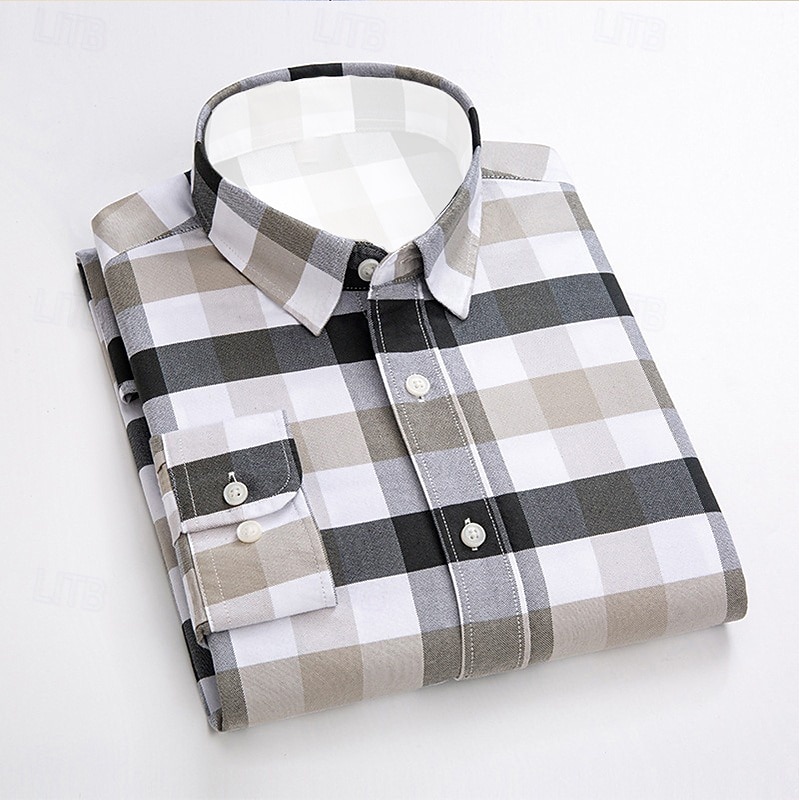 Men's Dress Shirt Oxford Shirt Plaid Shirt Collared Shirt Plaid / Check Wedding Work White gray Wine Khaki Long Sleeve Turndown Spring &  Fall Clothing Apparel Button-Down2
