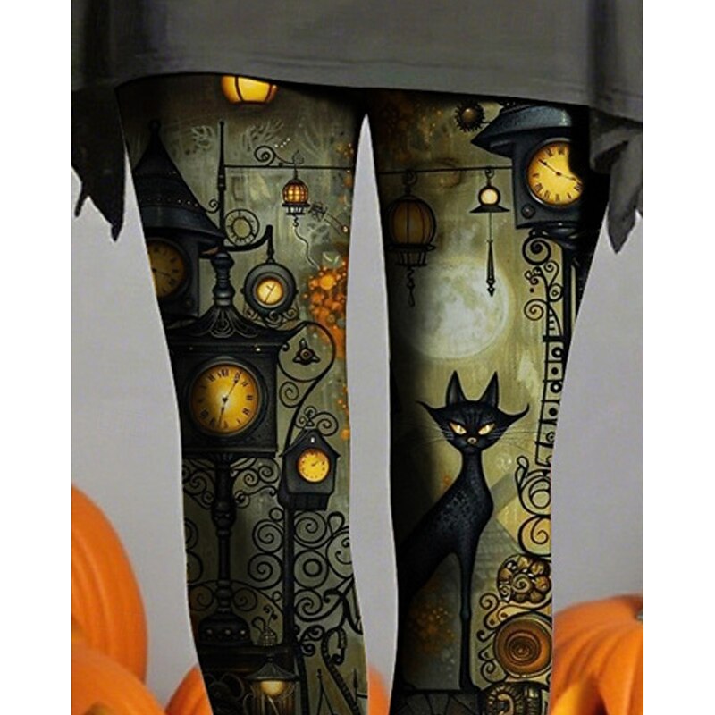 Women's Leggings Cozy Leggings Vacation Basic Casual Full Length High WaistPantsHalloween Cat Printing Thermal Warm Comfortable Stretchy Vacation Casual Daily Green Fall Winter Slim Fit2