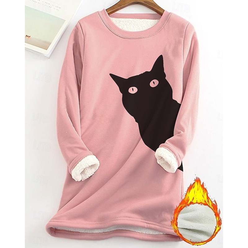 Women's Pullover Sweatshirt Animal Cat Fashion Basic Casual Long Sleeve Crew Neck Long Tops Street Dailywear Casual Print Fleece Lined Black Pink Dark Pink Blue Fall Winter