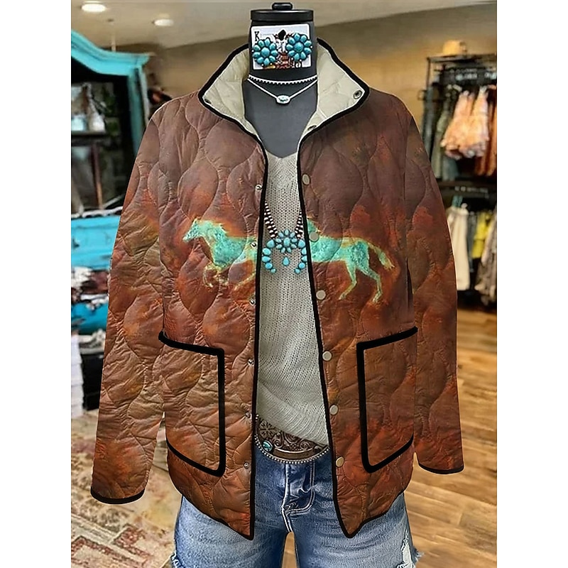 Women's Winter Jacket Quilted Jacket Warm Lightweight Buttons Print Active Vintage Artistic Casual Animal Casual Regular Stand Collar Regular Fit Long Sleeve Outerwear Coffee Fall Winter
