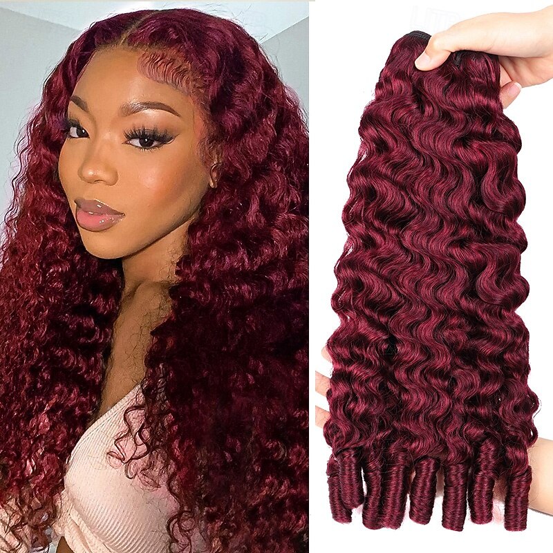 Burgundy 99J#  Burmese Curly Bundles Human Hair 14-30 Inches 3 Bundles  with Spiral Curly End Curly Human Bundles in Hair Extensions - Main Image