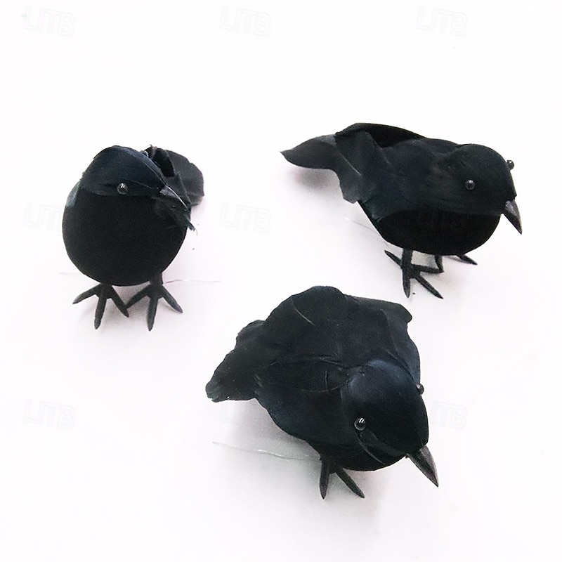 3 Pack Halloween Black Feathered Crows, Black Crows with Real Feather Halloween Decoration for Indoor Outdoor(13x8.5x7cm)4