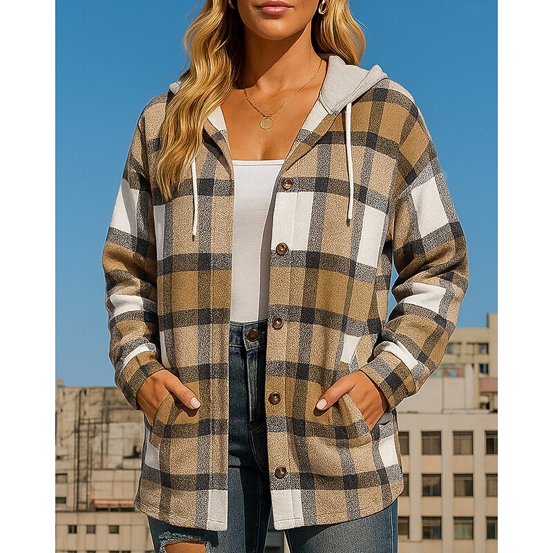 Women's Hoodie Jacket Long Coat Drawstring with Pockets Long Sleeve Top Athleisure Fall Plaid Checkered Cotton Hiking Outdoor Travel Sportswear Activewear Black Red Blue