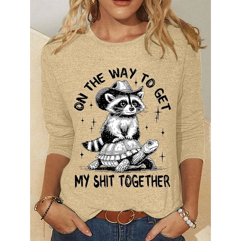 Women's T Shirt Graphic Animal Letter Vintage Stylish Classic Long Sleeve Crew Neck Round Neck Regular Tops Daily Print Black White Pink Khaki Spring Fall Winter3