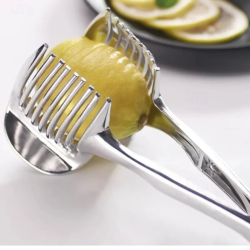 Stainless Steel Slicing Holder Multifunctional Lemon Tomato Cutter Fruit Divider With Handle Durable Alloy Kitchen Tool Household Vegetable Slicer Practical Cutting Accessory For Home Use