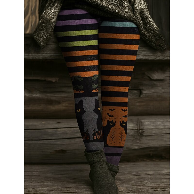 Women's Leggings Vacation Vintage Ethnic Style Full Length High WaistPantsHalloween Graphic Animal Cat Drawstring Patchwork 3D Print Quick Dry Breathability Soft Stretchy Formal Outdoor Vacation Gray3