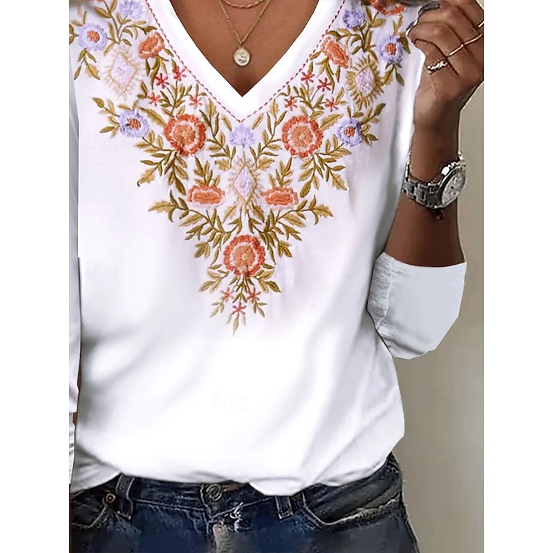 Women's T Shirt Floral Graphic Plants Vintage Stylish Classic Long Sleeve V Neck Regular Tops Daily Embroidered Print White Spring Fall Winter3