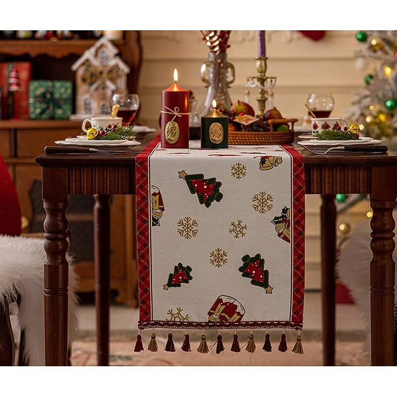 Christmas Table Runner, Holiday Chenille Jacquard Woven Table Decoration with Pendant, Festive Xmas Dining Table Decor4