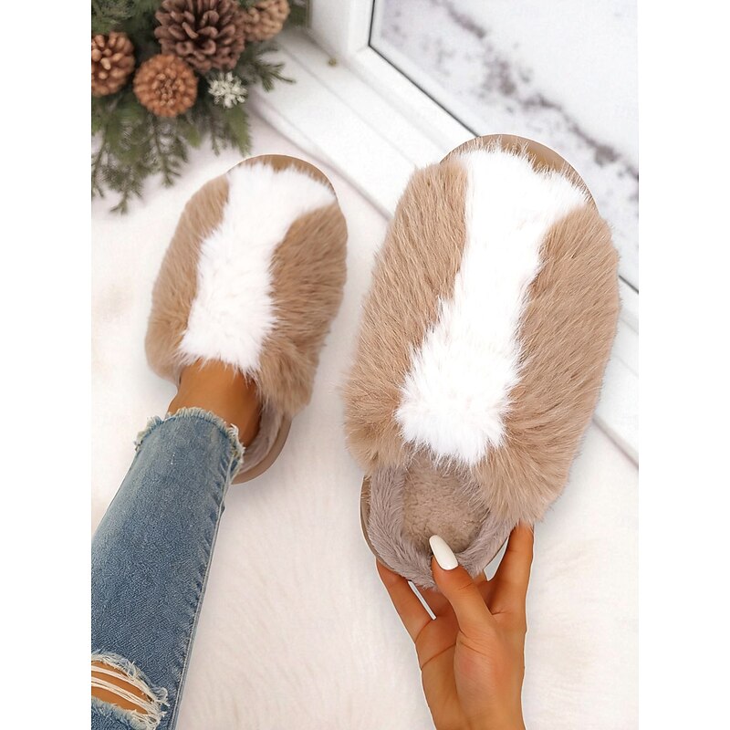 Women's Khaki Fuzzy Slippers, Warm and Comfortable, Perfect for Relaxing at Home, Cozy Evenings and Winter Holidays2
