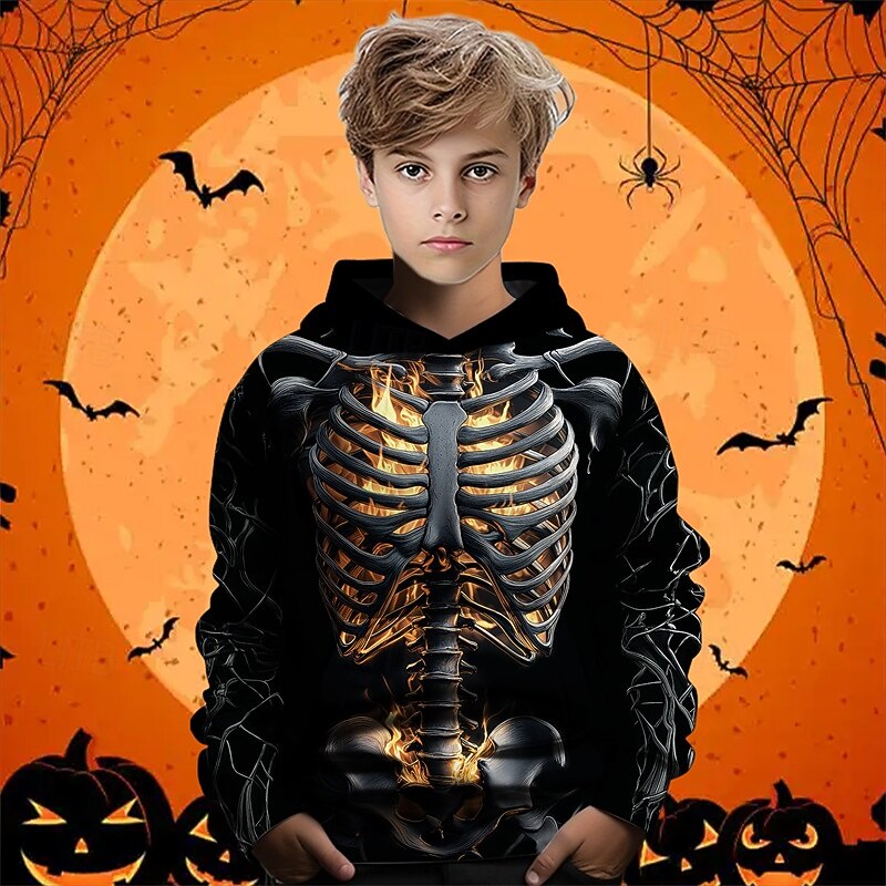 Halloween Boys' 3D Skull Hoodie Long Sleeve Spring Fall Fashion Streetwear Kids 4-12 Years Hooded Outdoor Casual Daily Regular Fit3