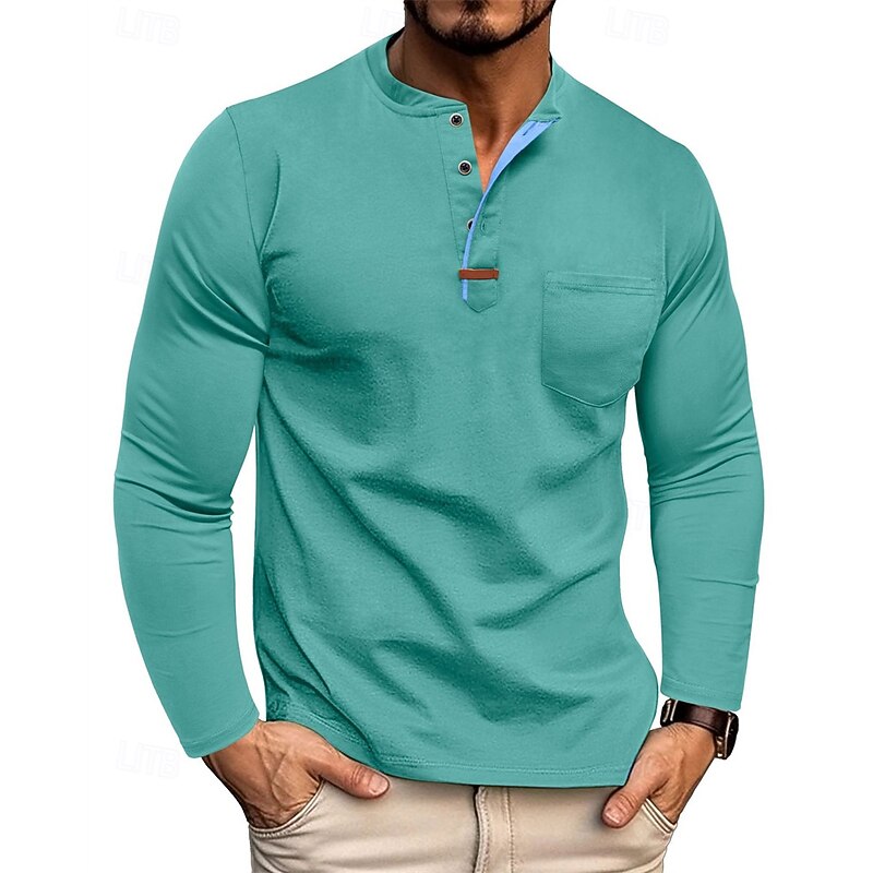 Men's T Shirt Henley Shirt Tee Tee Top Long Sleeve Henley Spring Fall Plain Fashion Designer Basic Pockets Buttons Vacation Street Going out Black White Wine Top Tee for Men