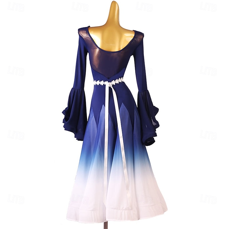 Women's Blue Ombre Ballroom Dance Dress with Flared Bell Sleeves, Belted Waist, and V-Neck – Perfect for Latin, Tango, and Performance Wear2