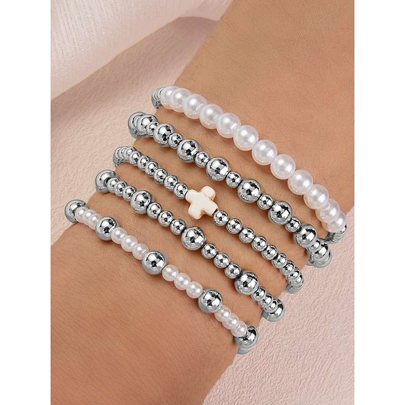 Women's Pearl and Gold Bead Bracelet Set – 6Pcs Stretch Layered Beaded Bangles, Elegant Fashion Jewelry for Parties, Weddings & Daily Wear