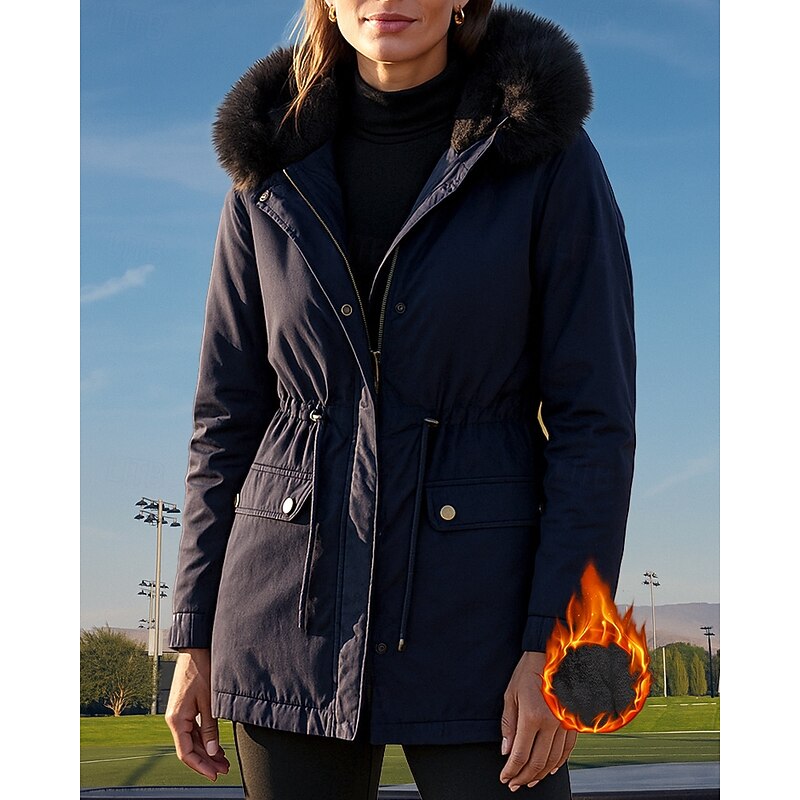 Women's Hooded Fleece Jacket Winter Coat Pocket with Fur Hood Long Sleeve Top Athleisure Fall Solid Colored Cotton Windproof Thick Warm Outdoor Travel Vacation Sportswear Activewear Black Pink Green3