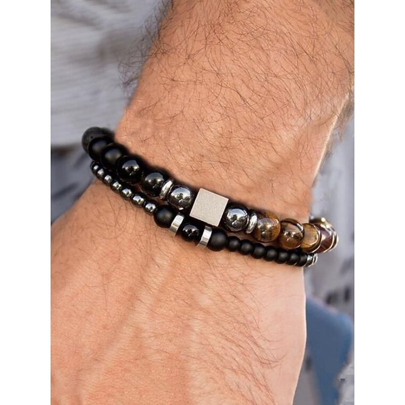 Men's Beaded Bracelet Set with Natural Stone and Hematite Beads, Adjustable Layered Wristband Jewelry for Casual Wear, Parties and Gifts