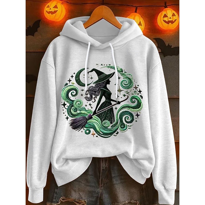 Halloween Women's Pullover Hoodie Sweatshirt Graphic Witch Vintage Fashion Western Long Sleeve Hooded Regular Tops Street Dailywear Holiday Print White Blue Orange Green Gray Fall Winter4