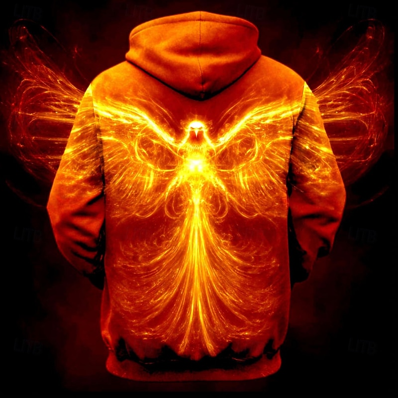 Men's 3D Phoenix Hoodie Sweatshirt Cool Party Crew Neck Club Streetwear Yellow Orange Drawstring Fall Winter Designer