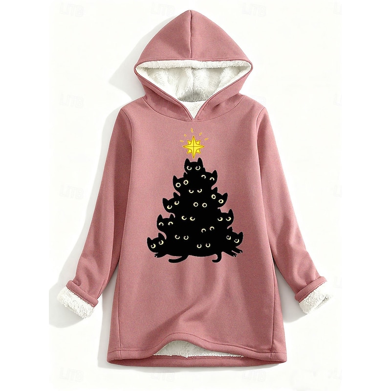 Women's Pullover Hoodie Sweatshirt Graphic Cat Christmas Tree Casual Comfrt Long Sleeve Hooded Regular Tops Street Dailywear Casual Print Pink Blue Gray Fall Winter