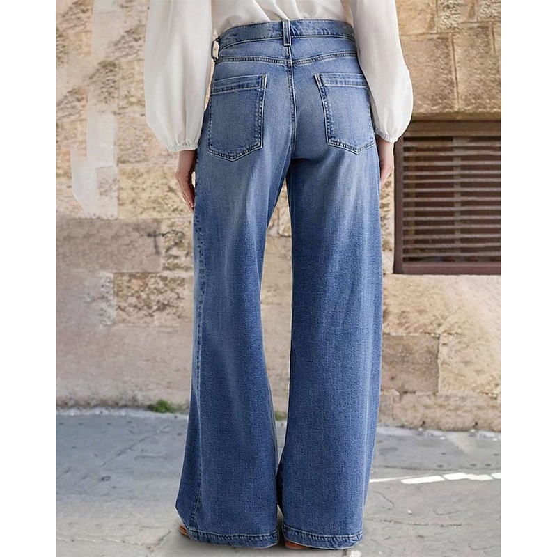 Women's Jeans Wide Leg Fashion Streetwear Casual Full Length Medium Waist Plain Pocket Comfortable Micro-elastic Outdoor Vacation Street Blue Spring Fall Loose Fit3