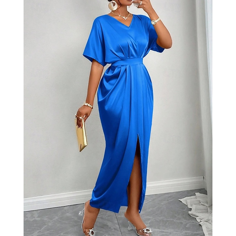 Women's Long Dress Maxi Dress Party Dress Cocktail Dress Satin Dress Elegant Modern Party Evening Party Regular Fit Plain Short Sleeve V Neck Black Yellow Royal Blue Dark Green Fall Winter2