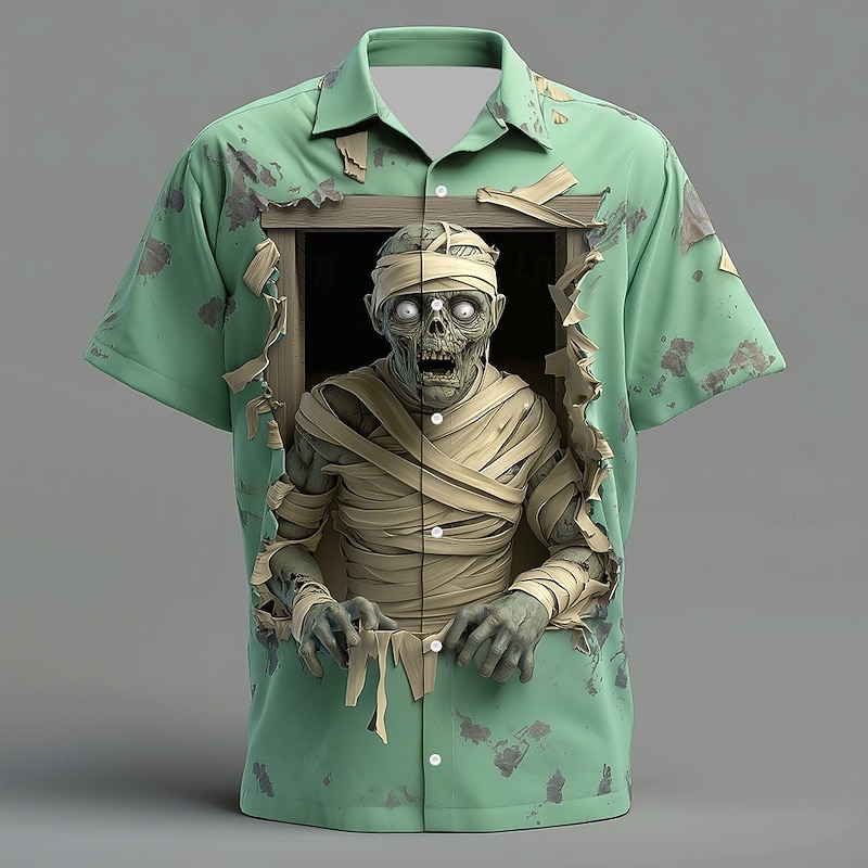 Halloween Men's Zombies Mummy Cracked Wall Shirt Button Up Shirt Short Sleeve Dark Gothic Style Holiday Streetwear Summer Spring Turndown 3D Print Collared Shirts Light Green Green
