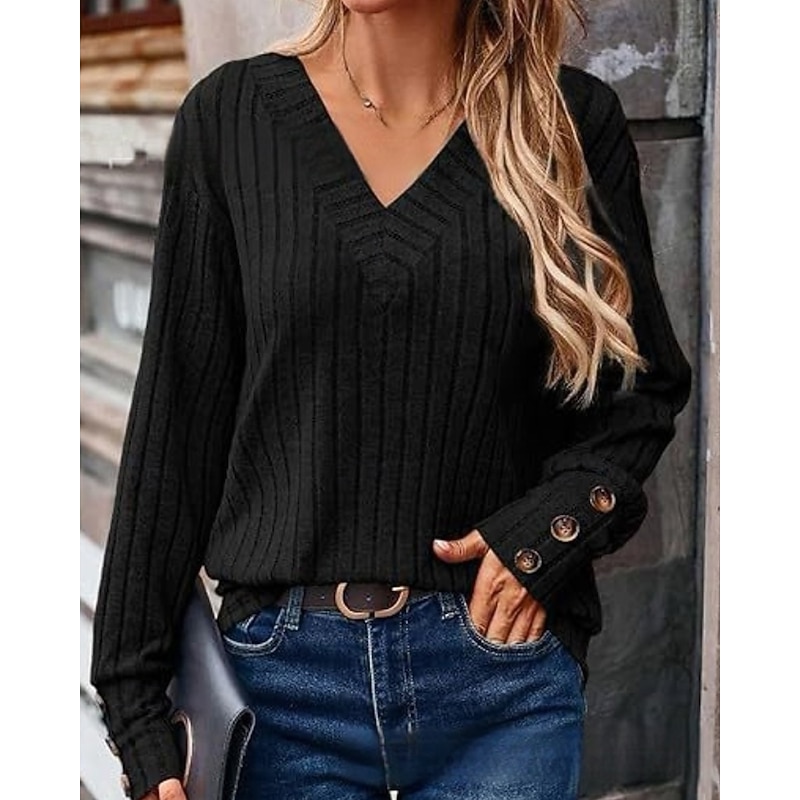 Women's Shirt Blouse Plain Casual Long Sleeve V Neck Regular Tops Daily Holiday Going out Buttons Black Khaki Rose Pink Fall Winter