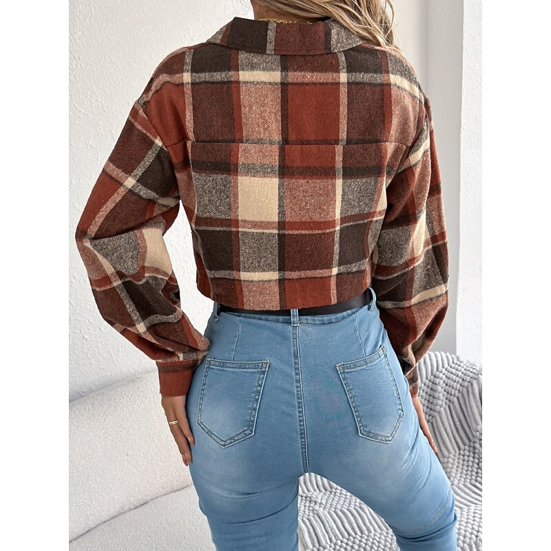 Women's Casual Jacket Shacket Comfortable Breathable Pocket Buttons Print Casual Plaid Vacation Street Casual Daily Wear Single Breasted Short Turndown Regular Fit Long Sleeve Outerwear Orange Green3