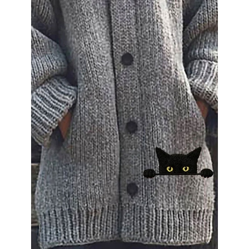 Women's Cardigan Daily Casual Graphic Animal Ribbed Hooded Pocket Buttons Print Long Sleeve Long Tops Knit Outdoor Weekend Gray Fall Winter3