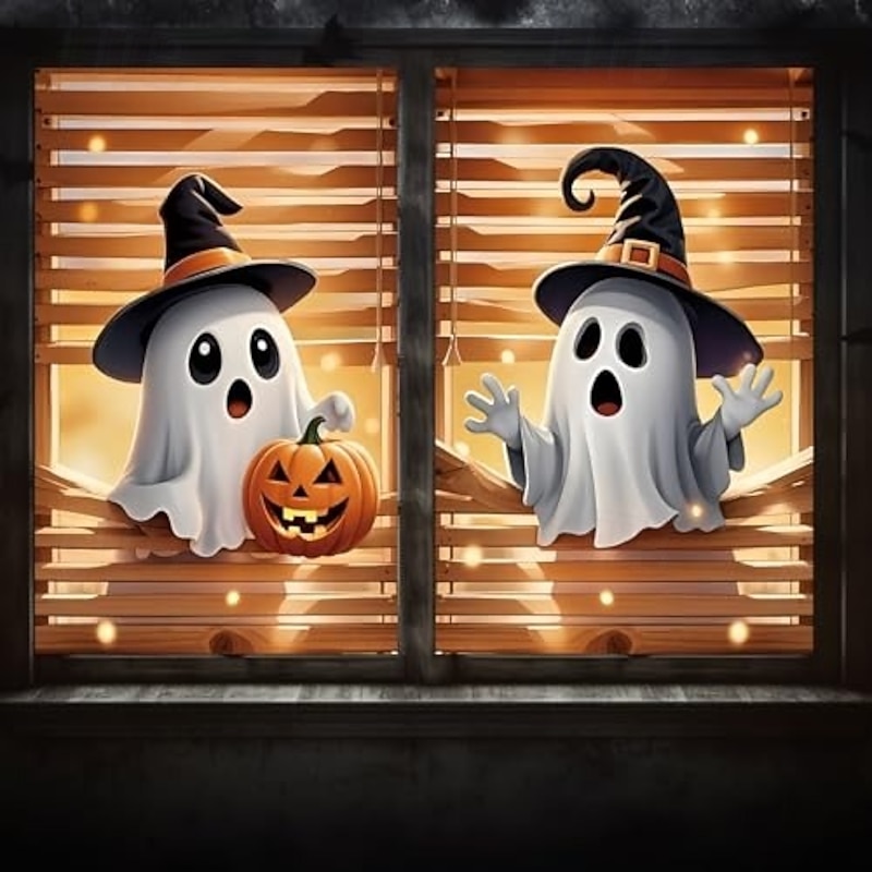 Halloween Hanging Window Cover Pumpkin Ghost Witch Hat Spooky Photo Background Decoration Blanket Curtains for Home Bedroom Living Room Party Holiday Indoor Outdoor Decor - Main Image