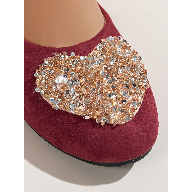 Women's Burgundy Faux Suede Flats with Sparkly Heart Rhinestone Design – Chic Dress Shoes for Ladies, Great for Christmas Parties and Daily Outfits3