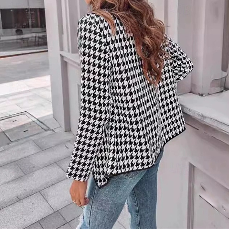 Women's Casual Jacket Warm Comfortable Patchwork Fashion Outdoor Lattice Going out Weekend Single Breasted Regular Lapel Regular Fit Long Sleeve Outerwear Black And White Fall Winter3
