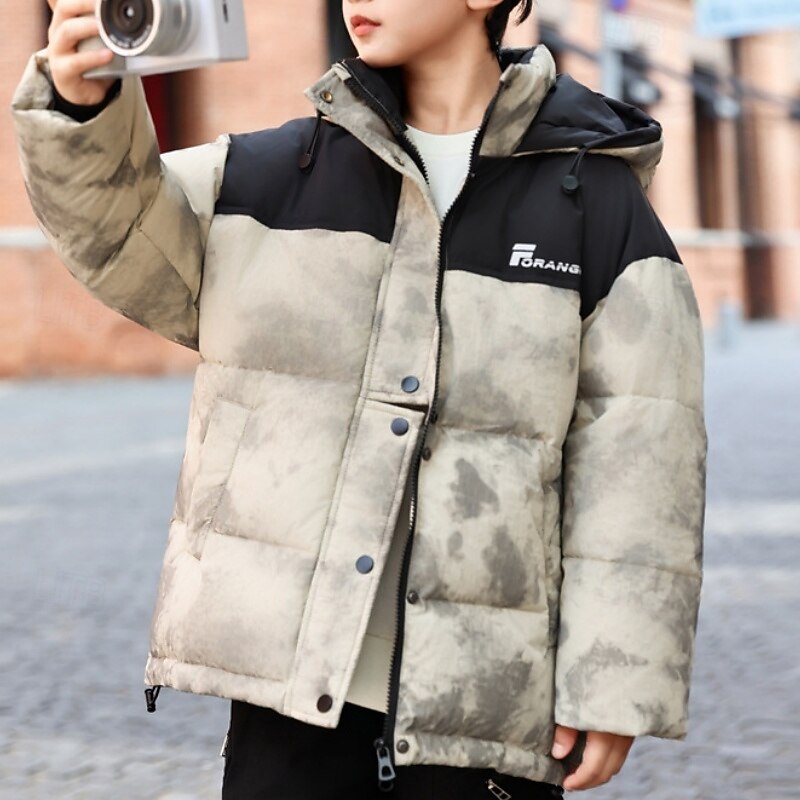 Kids Unisex Down Jacket Outdoor Jacket Puffer Jacket Outerwear Letter Long Sleeve Keep Warm Windproof Coat Outdoor Daily Basic Black Green Gray Fall Winter 4 years+