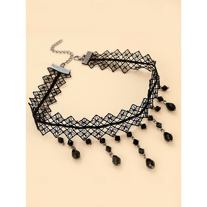 Women's Halloween Gothic Lace Necklace, Vintage Black Beaded Pendant Necklace, Perfect for Role-Playing, Parties and Costume Events, Available in Multiple Colors4