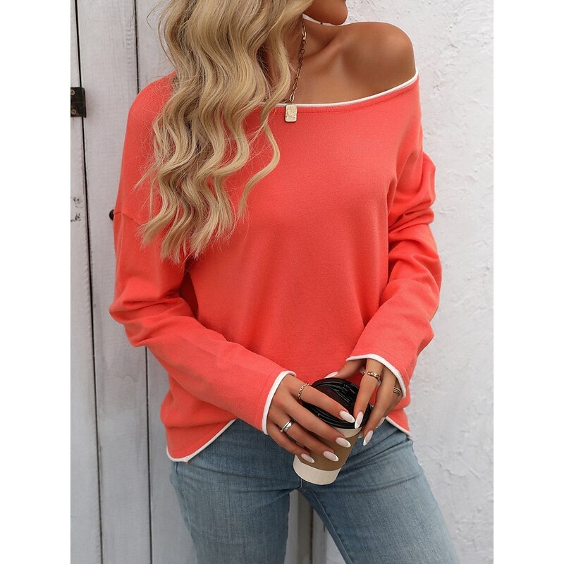 Women's Sweater Casual Soft Pure Color Ribbed Crew Neck Knitted Long Sleeve Regular Tops Knit Outdoor Daily Weekend Red Navy Blue Fall Winter4