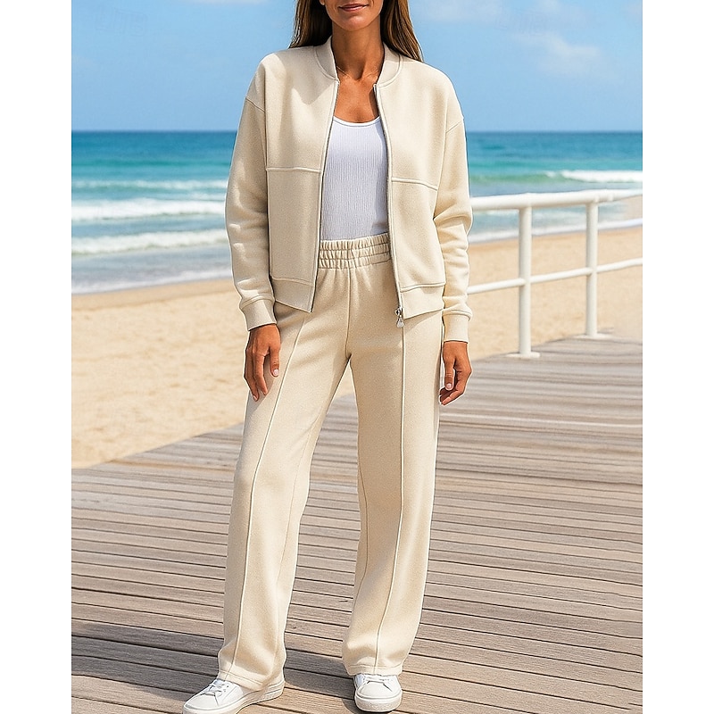 Women's 2 Piece Outfits Lounge Sweatsuit Pocket Solid Colored Clothing Suit Fall Black White Spandex Outdoor Travel Sports Moisture Wicking Long Sleeve Sport Activewear Micro-elastic Regular Fit